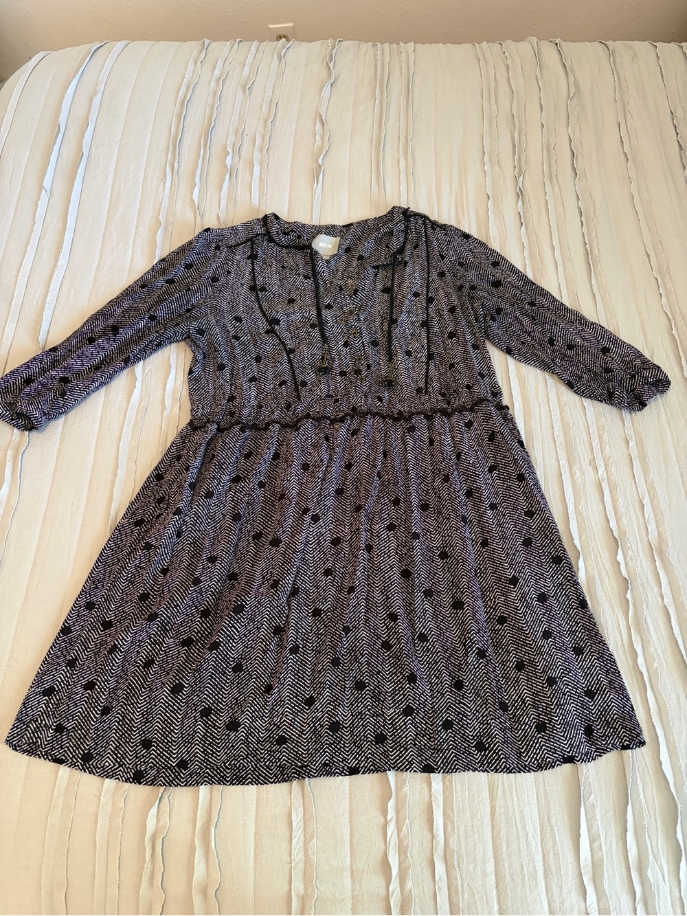 Maeve Herringbone Polka-Dot Long Sleeve Dress | Size L